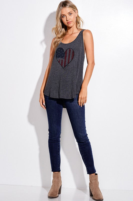 Phil Love Charcoal Gray Super Soft Made in USA American Flag Heart Graphic Tank Top | Made in USA | Classy Cozy Cool Women's American Clothing Boutique