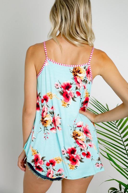 Brand: E. Luna - Aqua Floral Print & Striped Detail Tank -  Aqua, beach, Beach Wear, Featured, Floral, Made in America, made in usa, Plus, soft, Spring, Summer, Tank Top, vacation, Women's Clothing - Classy Cozy Cool Boutique