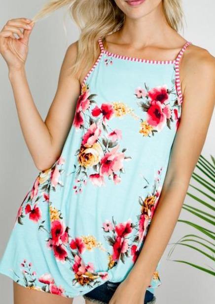 Brand: E. Luna - Aqua Floral Print & Striped Detail Tank -  Aqua, beach, Beach Wear, Featured, Floral, Made in America, made in usa, Plus, soft, Spring, Summer, Tank Top, vacation, Women's Clothing - Classy Cozy Cool Boutique