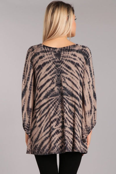 Brand: Chatoyant | Charcoal & Taupe Tie Dye Raglan Top Asymmetrical Bell Sleeves P11196 | Made in the USA | Classy Cozy Cool Women's Clothing Boutique