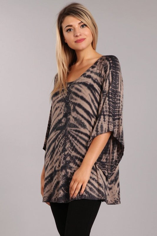Brand: Chatoyant | Charcoal & Taupe Tie Dye Raglan Top Asymmetrical Bell Sleeves P11196 | Made in the USA | Classy Cozy Cool Women's Clothing Boutique