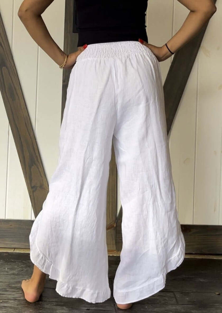 USA Made 100% Linen Ladies White Drawstring Hem Smocked Waist Gypsy Pants  | Match Point Style HLP118 | Classy Cozy Cool Women's Made in America Boutique