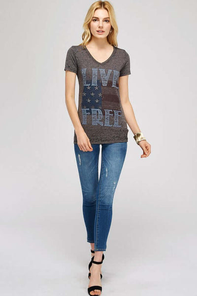 Made in USA Ladies Burnout Washed Dark Charcoal V-neck Tee shirt with "LIVE FREE" American Flag Embellished Graphic T-Shirt | Classy Cozy Cool Boutique