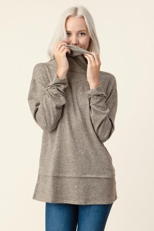 Brand: Follow Me - Cowl Neck Taupe Long Sleeve Top -  Cowl Neck, Fall, Lounge, Loungewear, Made in America, made in usa, oversized, soft, Taupe, Turtle Neck, Wardrobe Essentials, Winter, Women's Clothing - Classy Cozy Cool Boutique