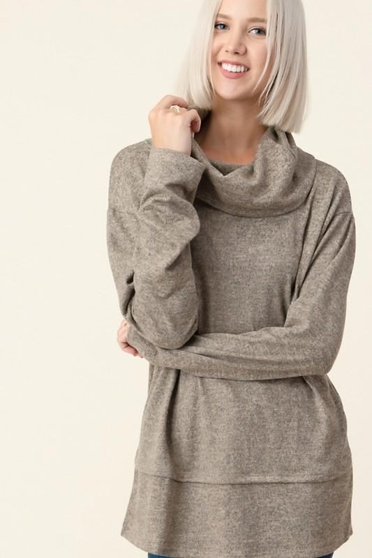 Brand: Follow Me - Cowl Neck Taupe Long Sleeve Top -  Cowl Neck, Fall, Lounge, Loungewear, Made in America, made in usa, oversized, soft, Taupe, Turtle Neck, Wardrobe Essentials, Winter, Women's Clothing - Classy Cozy Cool Boutique