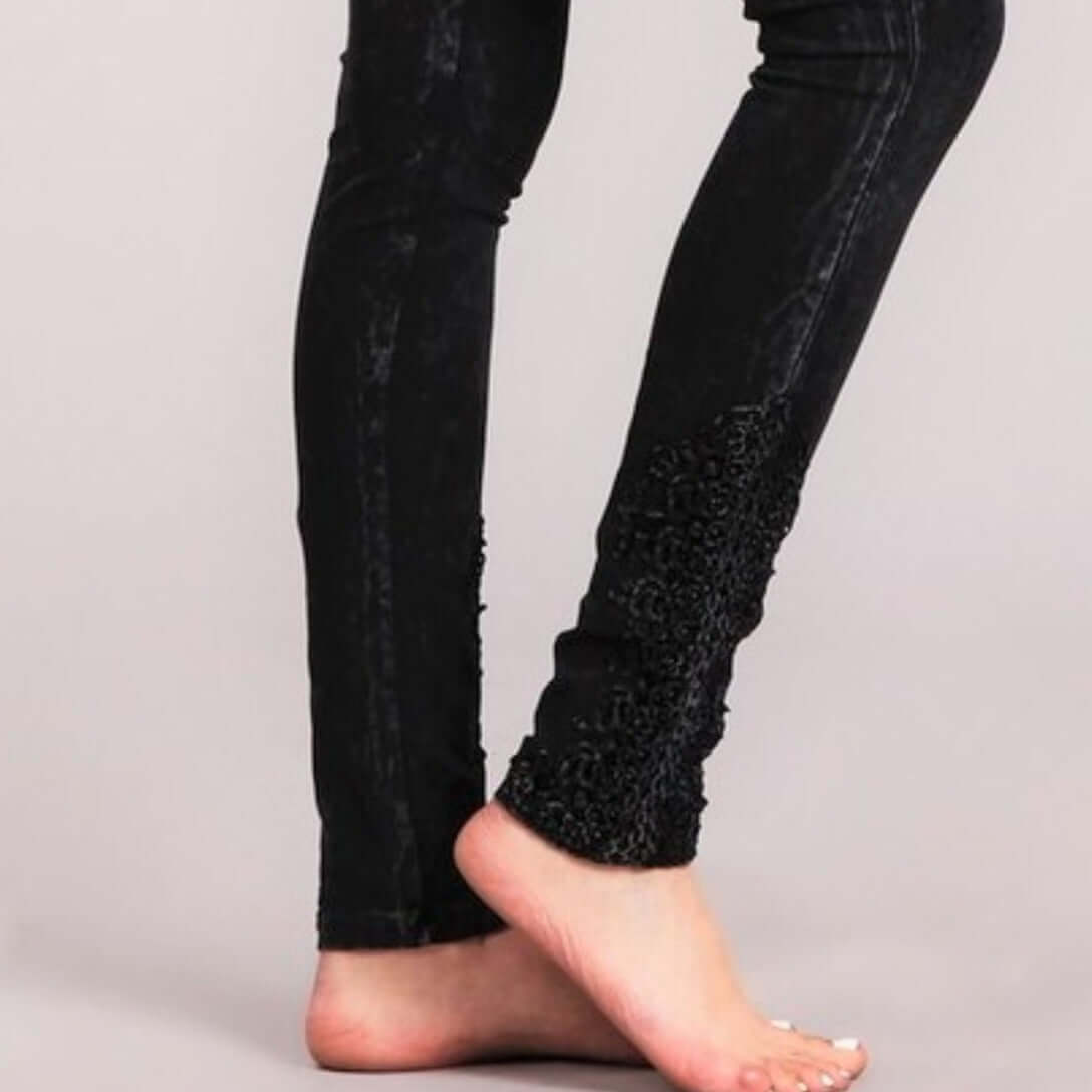 Made with USA Cotton | Chatoyant Mineral Washed Jeggings with Crochet Ankle Detail Hem in Black Mineral Washed Style# C30396 | Women's Fashion Clothing made in USA | Classy Cozy Cool
