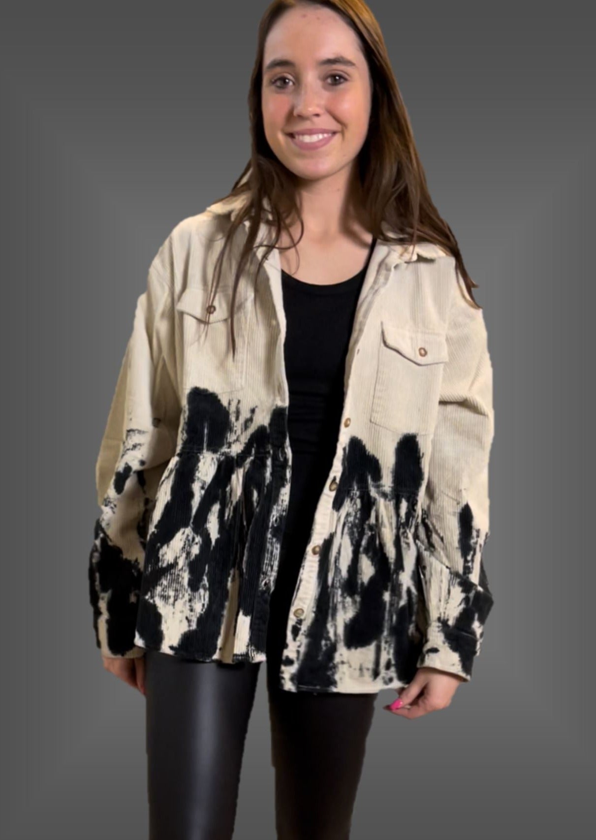 Made in USA Corduroy Button Down Tie Dye Tan & Black Jacket | Style# T70265-02 | Brand: Blue Buttercup | Classy Cozy Cool Women's Clothing Boutique