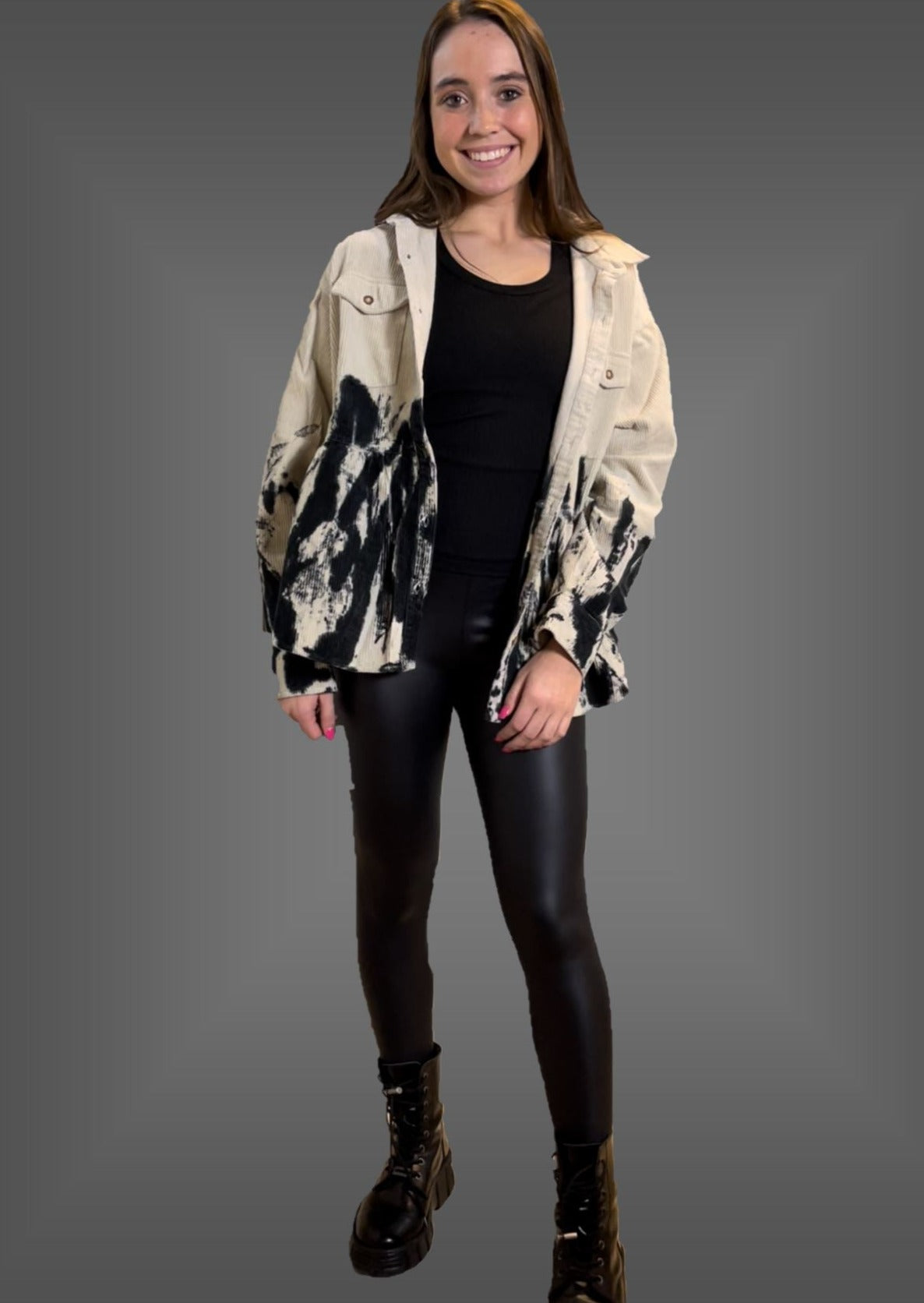 Made in USA Corduroy Button Down Tie Dye Tan & Black Jacket | Style# T70265-02 | Brand: Blue Buttercup | Classy Cozy Cool Women's Clothing Boutique