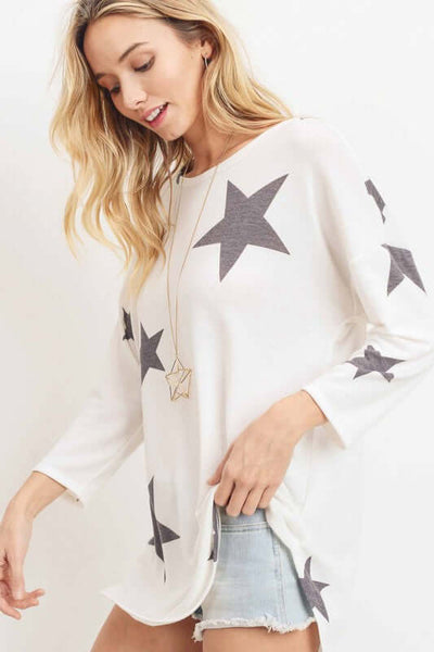 Made in USA Ladies Ultra Lightweight Loose Knit Off White Super Soft Lounge Top with Navy Star Print - So Cozy & Cute | Classy Cozy Cool Made in America Boutique