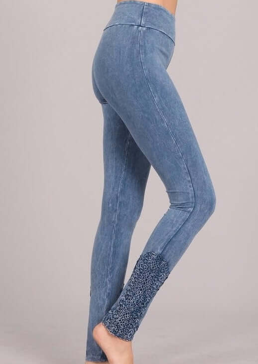 Chatoyant Light Denim Mineral Washed Jeggings with Crochet Ankle Detail Hem Style# C30396 | Women's Fashion Clothing made in USA | Classy Cozy Cool Boutique