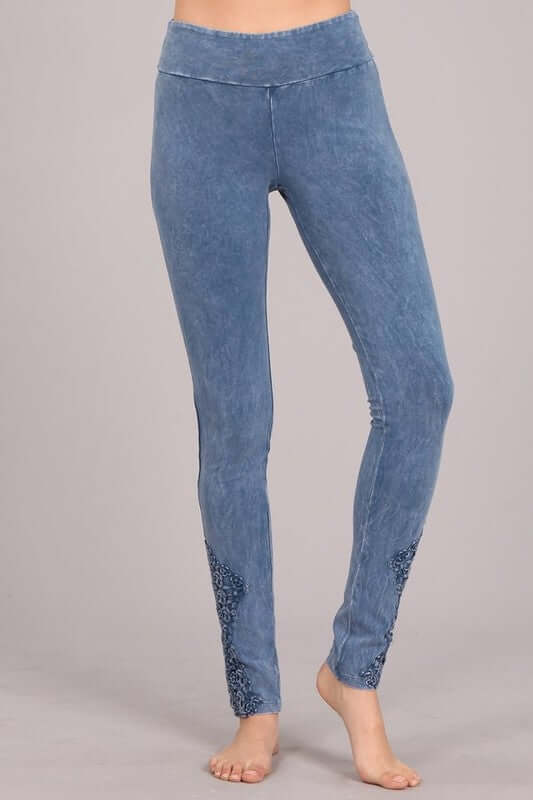 Chatoyant Light Denim Mineral Washed Jeggings with Crochet Ankle Detail Hem Style# C30396 | Women's Fashion Clothing made in USA | Classy Cozy Cool Boutique