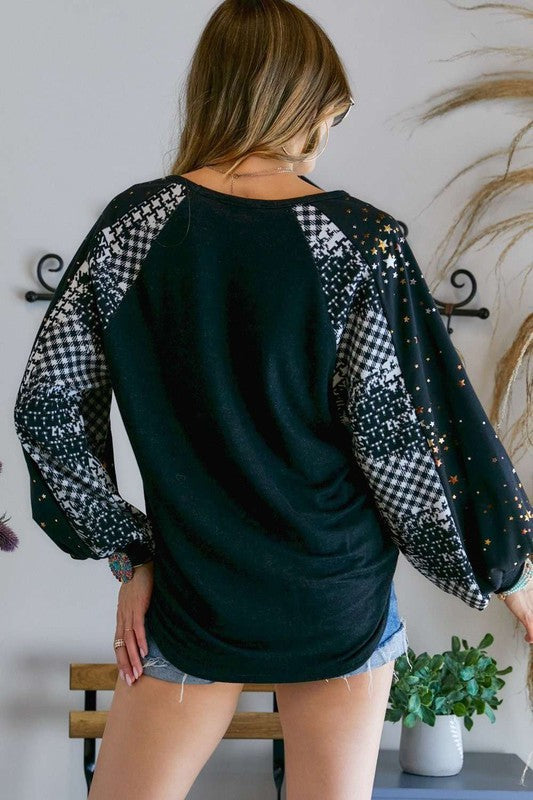 Ladies V-Neck Puff Sleeve Embellished Long Sleeve Black Relaxed Fit Top with Black & White Houndstooth and Metallic Star Detail on Sleeves | Made in USA