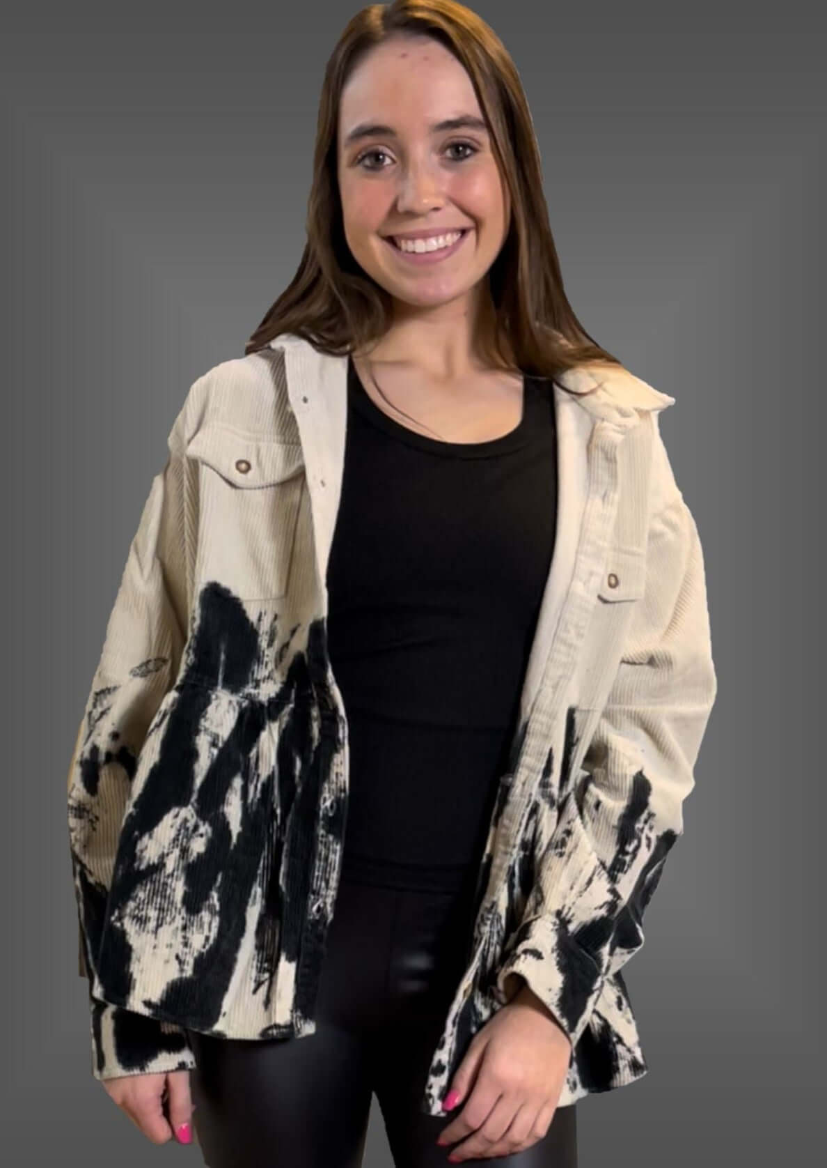 Made in USA Corduroy Button Down Tie Dye Tan & Black Jacket | Style# T70265-02 | Brand: Blue Buttercup | Classy Cozy Cool Women's Clothing Boutique