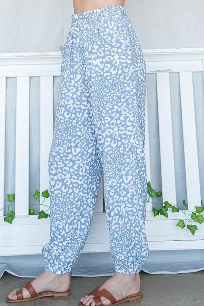 Bucket List Brand Clothing Style# P5074 | Light Weight Blue Leopard Jogger Style Casual Pants | Made in USA | Classy Cozy Cool Women's American Boutique