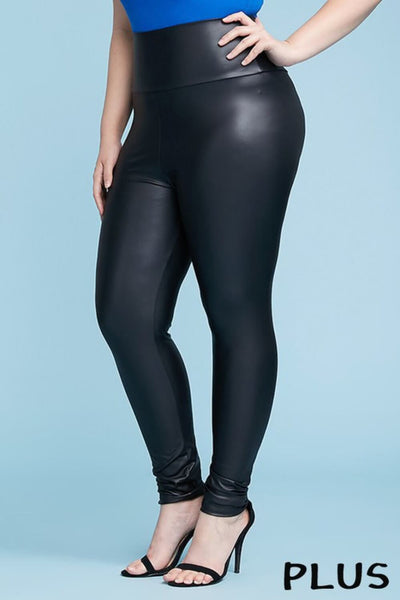 Made in USA Ladies Plus Size | High Rise Sheen Black Faux Leather Stretchy Leggings | Classy Cozy Cool Women's Clothing Boutique