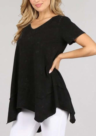 Shark Bite Hem Casual Tee proudly Made in USA.  Everyday casual basic top with raw edge detail and garment treated. Classy Cozy Cool Women's Boutique