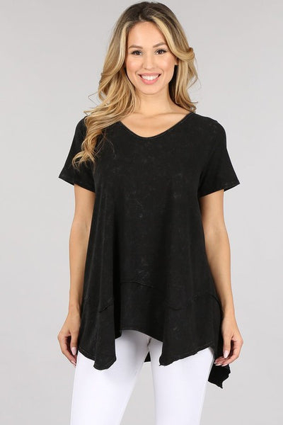 Black Shark Bite Hem Casual Tee proudly Made in USA.  Everyday casual basic top with raw edge detail and garment treated. Classy Cozy Cool Women's Boutique