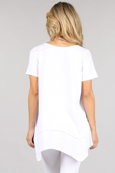 White Shark Bite Hem Casual Tee proudly Made in USA.  Everyday casual basic top with raw edge detail and garment treated. Classy Cozy Cool Women's Boutique