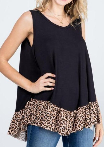 Brand: P & Rose - ANIMAL PRINT RUFFLE SLEEVELESS TOP -  Animal Print, Baby Doll, babydoll, Black, Blouse, Clothes, Featured, made in usa, Plus, Ruffle Hem, Shirt, Sleeveless, Spring, Summer, Tank top, Tunic, vacation, Women, Women's Clothing - Classy Cozy Cool Boutique
