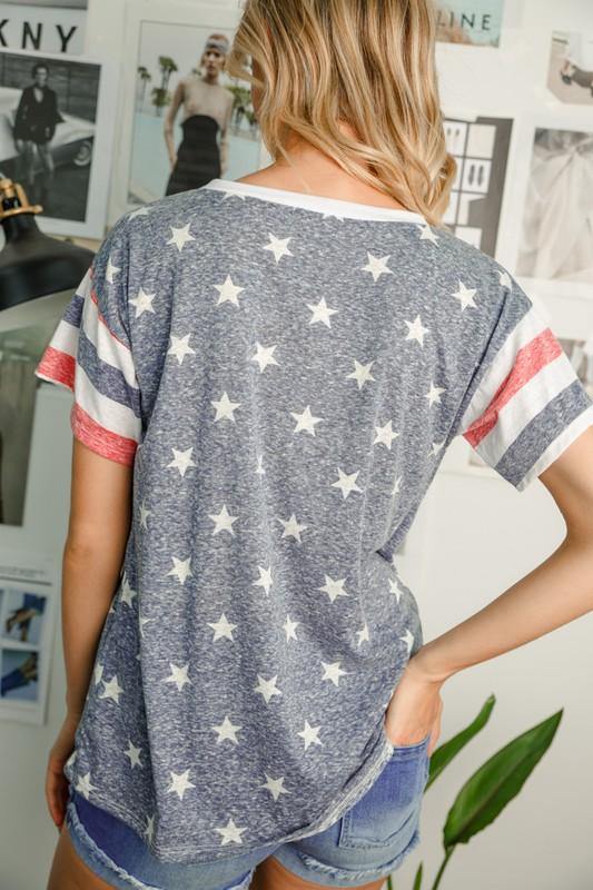 Brand: E. Luna - Patriotic V-Neck Soft Tee -  4th of July, Blouse, Blue, Clothes, Lounge, Loungewear, made in usa, Patriotic, Red, Shirt, soft, Spring, Stars, stripes, Summer, Wardrobe Essentials, White, Women, Women's Clothing - Classy Cozy Cool Boutique