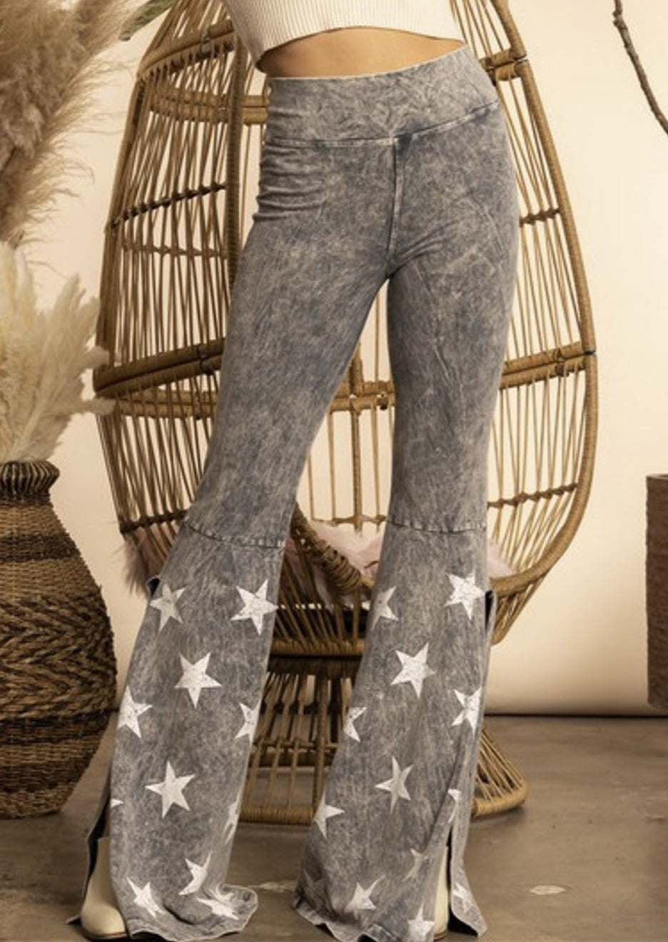 Washed Out Jeggings with Dramatic Flare & Slit Proudly Made in USA.  About these jeggings: Bell Bottom with Slit, High Waist, Star Print at Bottom. | Classy Cozy Cool Women's Clothing Boutique