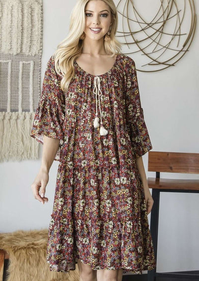 Made in USA bohemian inspired ladies baby doll half sleeve floral dress with drawstring Cord and a tiered design | Made in America Women's Boutique