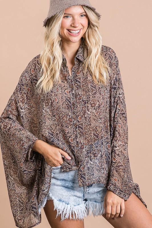 Brand: Bucket List - Oversized Chiffon Boxy Button Down Blouse -  Best Dressed, Blouse, Bohemian, BoHo, Brown, Cardigan, Clothes, Featured, made in usa, oversized, Pattern, Poncho, Retro, Shirt, Spring, Summer, Vintage, Winery, Women - Classy Cozy Cool Boutique