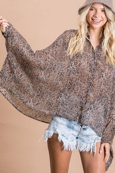 Brand: Bucket List - Oversized Chiffon Boxy Button Down Blouse -  Best Dressed, Blouse, Bohemian, BoHo, Brown, Cardigan, Clothes, Featured, made in usa, oversized, Pattern, Poncho, Retro, Shirt, Spring, Summer, Vintage, Winery, Women - Classy Cozy Cool Boutique