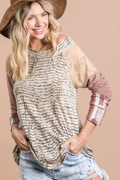Bucket List Mixed Prints Color Block French Terry Casual Lightweight Ladies Top with Boat Neckline & Long Sleeves | Made in USA | American Made Clothing for Women