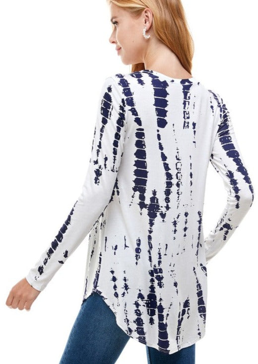 USA Made Ladies Very Lightweight Full Length Jersey White with Navy Tie Dye Long Sleeve Top | Classy Cozy Cool Women's American Clothing Boutique