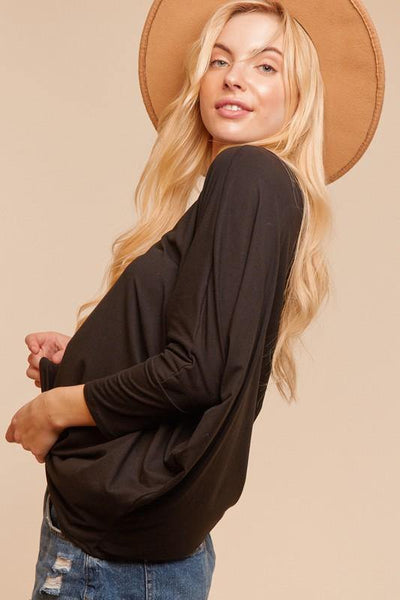 Brand: Haptics - BLACK KNIT ROUND NECK DOLMAN 3/4 SLEEVE -  Black, Blouse, Clothes, Dolman Sleeve, Hacci Top, Lounge, Loungewear, made in usa, Shirt, soft, Spring, Wardrobe Essentials, Women, Women's Clothing - Classy Cozy Cool Boutique