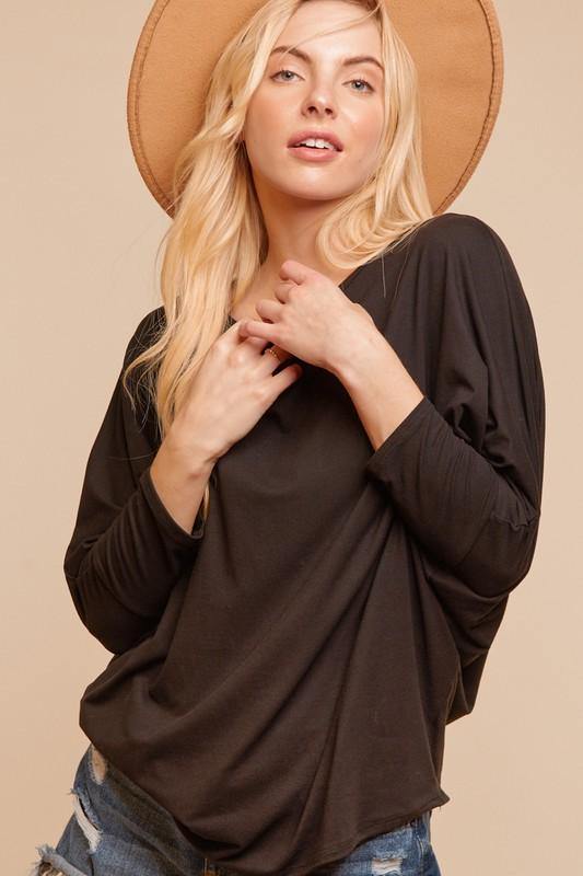 Brand: Haptics - BLACK KNIT ROUND NECK DOLMAN 3/4 SLEEVE -  Black, Blouse, Clothes, Dolman Sleeve, Hacci Top, Lounge, Loungewear, made in usa, Shirt, soft, Spring, Wardrobe Essentials, Women, Women's Clothing - Classy Cozy Cool Boutique
