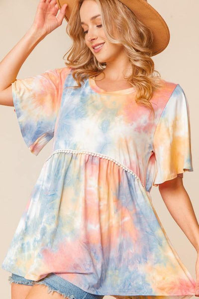 Brand: Haptics - TIE DYE BABY DOLL FLUTTER RUFFLE SLEEVE -  beach, Beach Wear, Best Dressed, Blouse, BoHo, Clothes, Featured, made in usa, Plus, Shirt, soft, Spring, Summer, vacation, Women, Women's Clothing - Classy Cozy Cool Boutique
