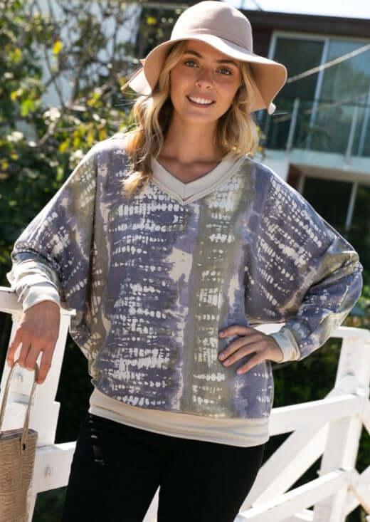 USA Made Ladies French Terry Wide V-Neck Relaxed Fit Tie Dye Sweatshirt in Olive & Indigo Shades | Classy Cozy Cool Women's American Made Boutique