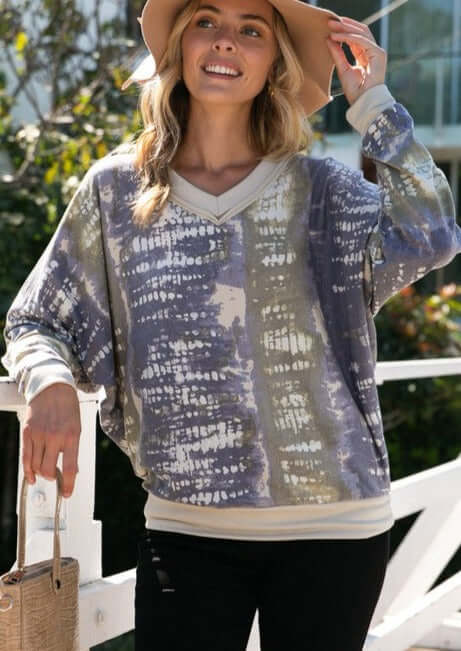 USA Made Ladies French Terry Wide V-Neck Relaxed Fit Tie Dye Sweatshirt in Olive & Indigo Shades | Classy Cozy Cool Women's American Made Boutique