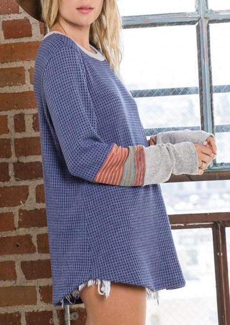 Brand: Classy Cozy Cool - Striped Contrast Sleeve Waffle Top -   - Classy Cozy Cool Boutique