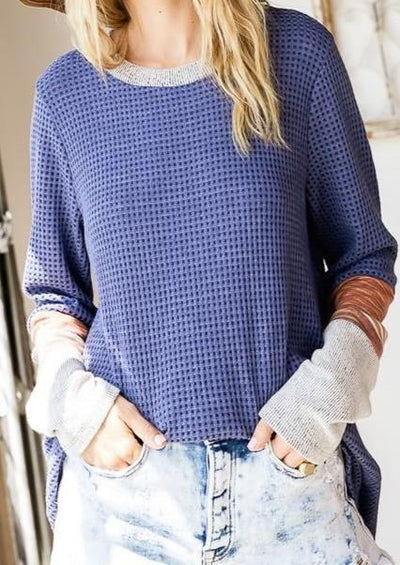 Brand: Classy Cozy Cool - Striped Contrast Sleeve Waffle Top -   - Classy Cozy Cool Boutique