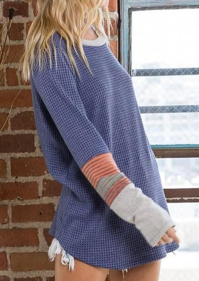 Brand: Classy Cozy Cool - Striped Contrast Sleeve Waffle Top -   - Classy Cozy Cool Boutique