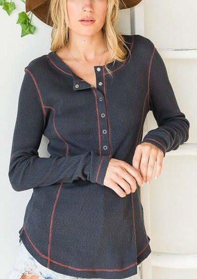 Bucket List Style T1001 Navy Blue Textured Women's Ribbed with Snap Button Down & Contrast Stitch| Made in USA | Shop Made in America Ladies Clothing 