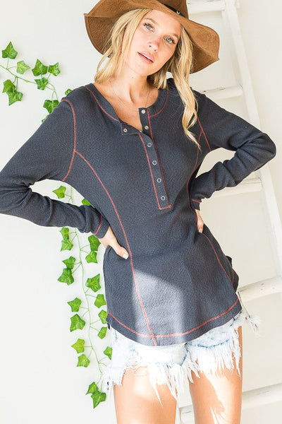 Bucket List Style T1001 Navy Blue Textured Women's Ribbed with Snap Button Down & Contrast Stitch| Made in USA | Shop Made in America Ladies Clothing 