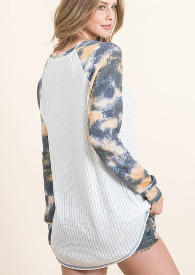 USA Made Lightweight Loose Knit Super Soft Pajama Raglan Lounge Top Waffle Knit, Blue/Gold/White Tie Dye Sleeves | Made in America Women's Boutique