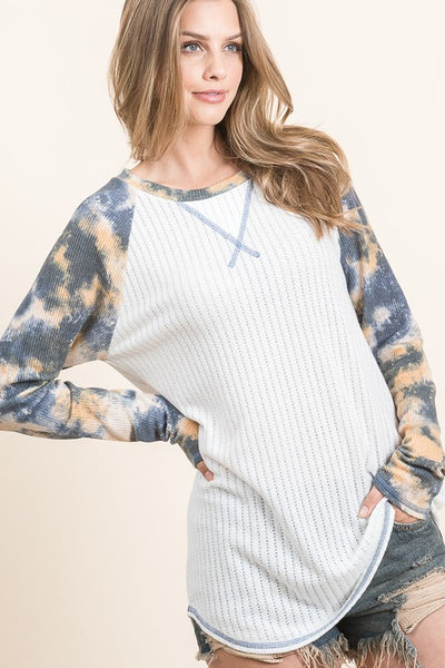 USA Made Lightweight Loose Knit Super Soft Pajama Raglan Lounge Top Waffle Knit, Blue/Gold/White Tie Dye Sleeves | Made in America Women's Boutique
