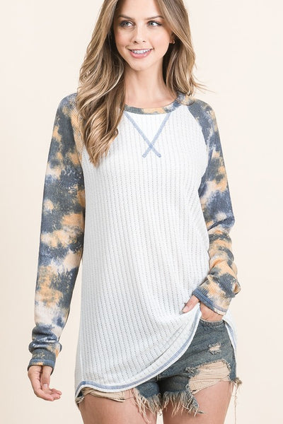 USA Made Lightweight Loose Knit Super Soft Pajama Raglan Lounge Top Waffle Knit, Blue/Gold/White Tie Dye Sleeves | Made in America Women's Boutique