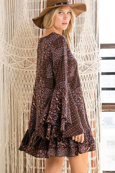 Brand: Bucket List - Bucket List Floral Print Tiered Ruffle Mini Dress -  Best Dressed, Bohemian, BoHo, Brown Multi, Clothes, Date Night Dress, dress, Dresses, Fall, Made in America, made in usa, Mini Dress, Mini Floral Pattern, Tier, V-Neck, Vintage, Winter, Women - Classy Cozy Cool Boutique