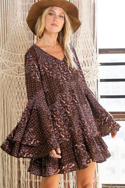 BoHo Floral Print Tiered Ruffle Mini Dress | Bucket List | Style D2016   | Made in the USA | Classy Cozy Cool Women’s Clothing Boutique
