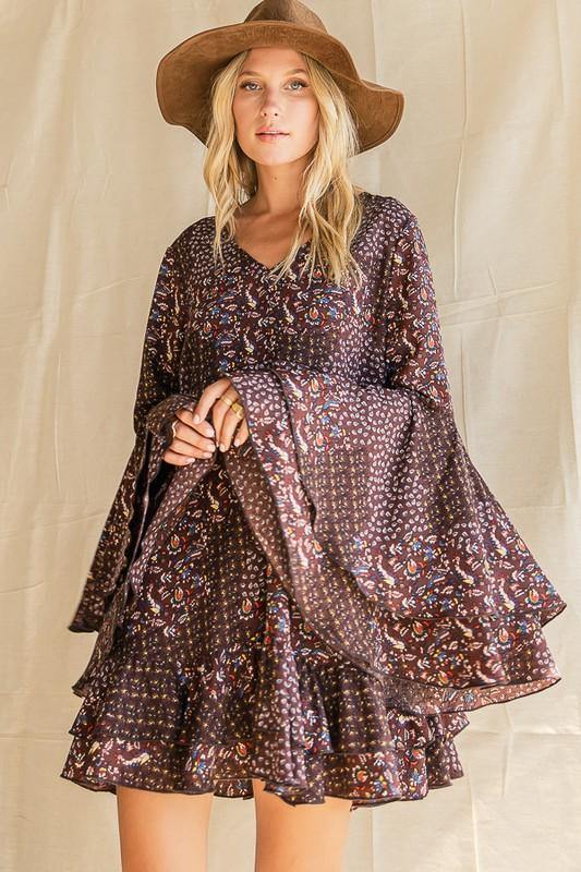 Brand: Bucket List - Bucket List Floral Print Tiered Ruffle Mini Dress -  Best Dressed, Bohemian, BoHo, Brown Multi, Clothes, Date Night Dress, dress, Dresses, Fall, Made in America, made in usa, Mini Dress, Mini Floral Pattern, Tier, V-Neck, Vintage, Winter, Women - Classy Cozy Cool Boutique