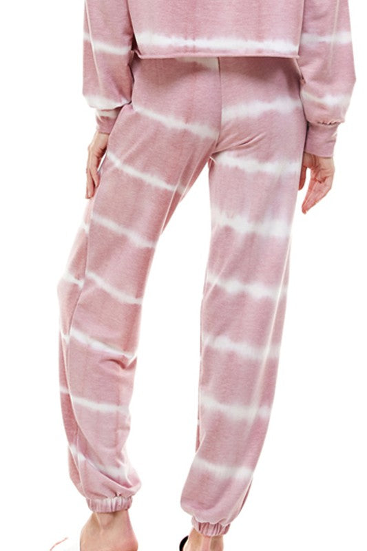 USA Made Ladies Lightweight Sweatsuit.  Light Mauve Tie Dye Striped Jogger Set. Classy Cozy Cool Boutique: where everything is made in America.
