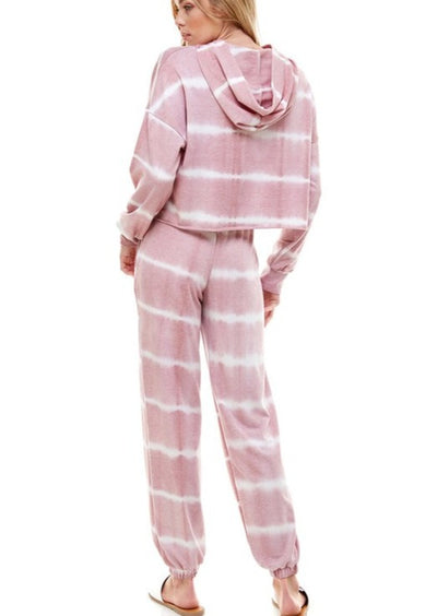 USA Made Ladies Lightweight Sweatsuit.  Light Mauve Tie Dye Striped Jogger Set. Classy Cozy Cool Boutique: where everything is made in America.