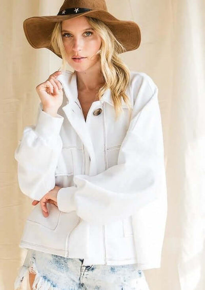 Brand: Bucket List - Oversized French Terry Cotton Jacket -  100% Cotton, Bohemian, BoHo, Clothes, Featured, French Terry, Jacket, Made in America, made in usa, Shacket, Shirt, soft, Spring, Style# T1220, White, Women - Classy Cozy Cool Boutique
