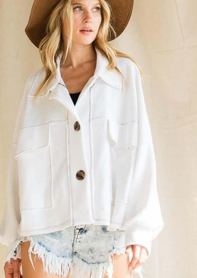 Brand: Bucket List - Oversized French Terry Cotton Jacket -  100% Cotton, Bohemian, BoHo, Clothes, Featured, French Terry, Jacket, Made in America, made in usa, Shacket, Shirt, soft, Spring, Wardrobe Essentials, White, Women - Classy Cozy Cool Boutique